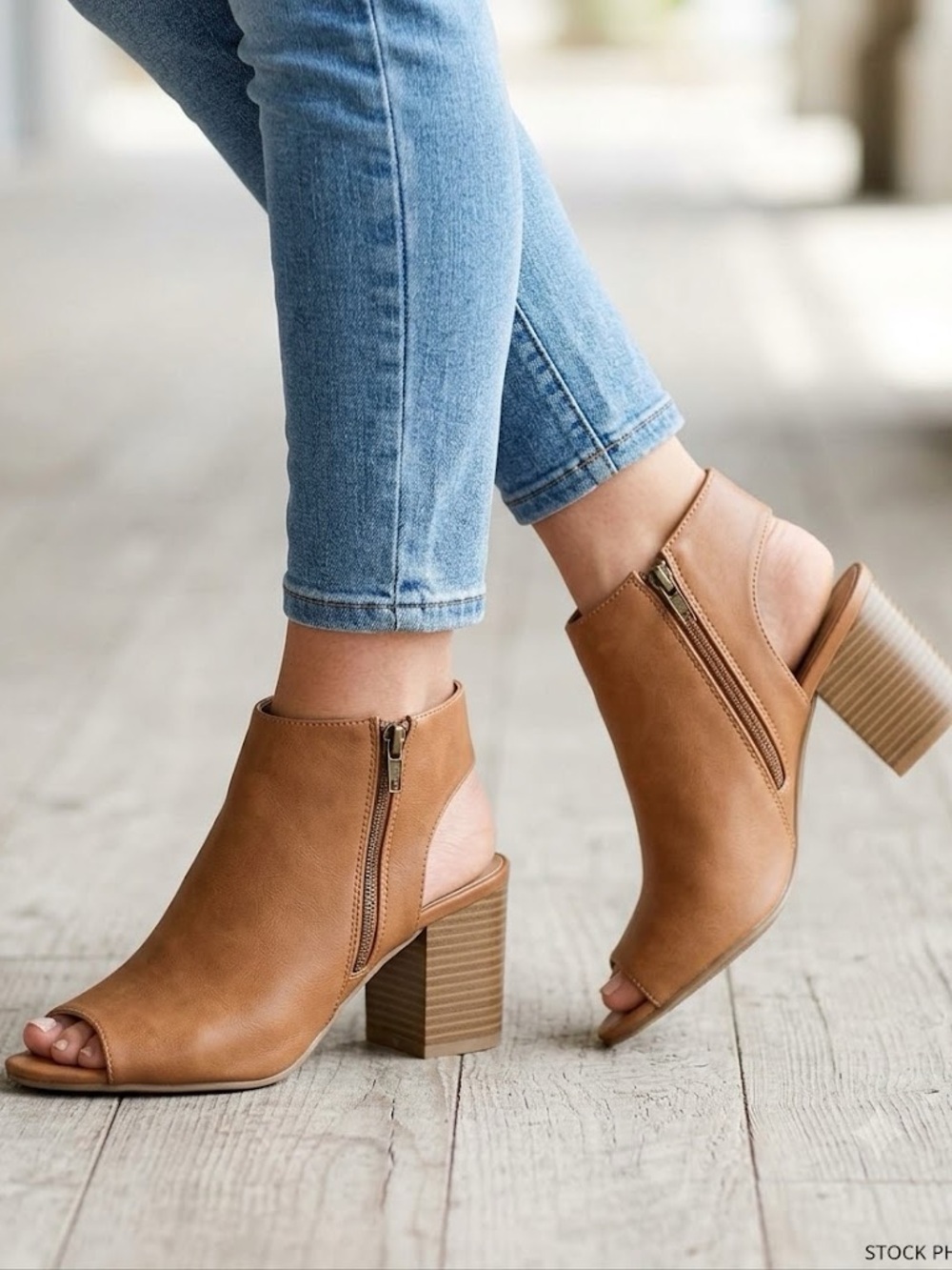 Bamboo open toed tan bootie, women’s size 7.5